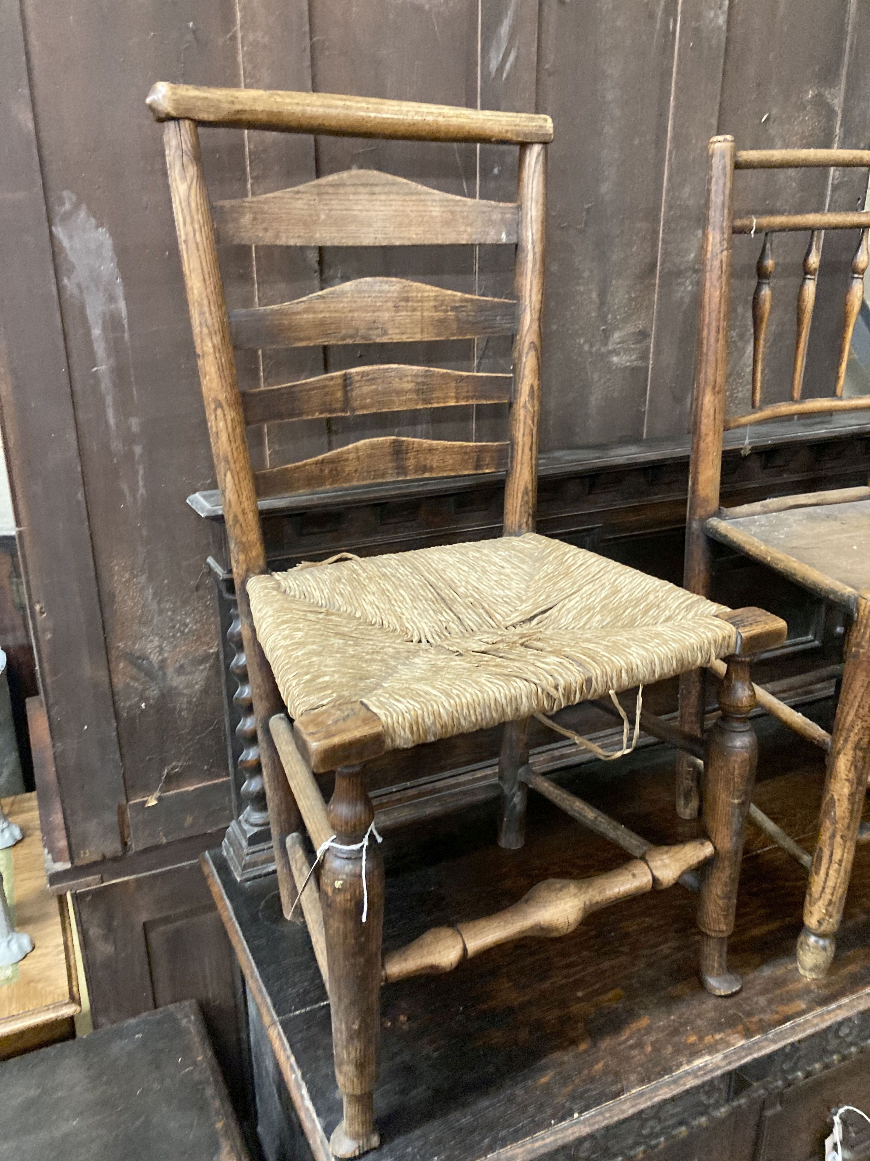 Three 19th century provincial rush and wood seat chairs